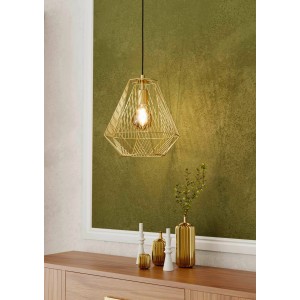 Elegante, messingfarbene Pendelleuchte mit filigranem Drahtdesign für Wohnräume.