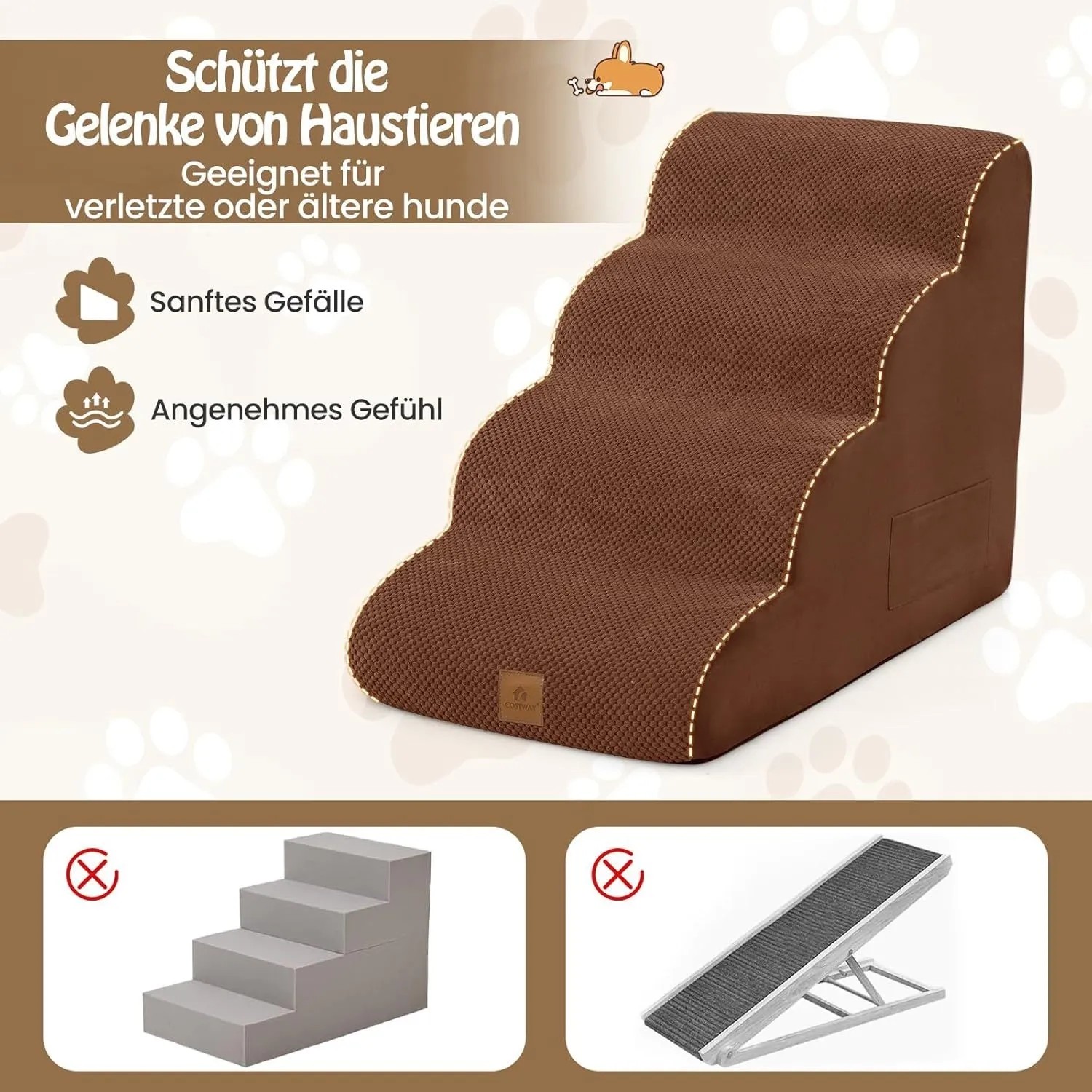 Braune Costway Hundetreppe mit 4 weichen Schaumstoffstufen, rutschfest. Schützt Gelenke von Hunden & Haustieren.