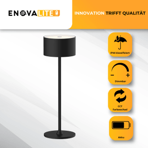 Schwarze ENOVALITE LED Akkutischleuchte, dimmbar, CCT einstellbar, IP44, kabellos.