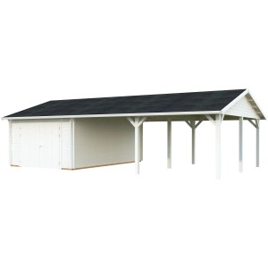 Weiße Palmako Garage Roger mit Holztor und Carport, 956x550 cm, lackiert.