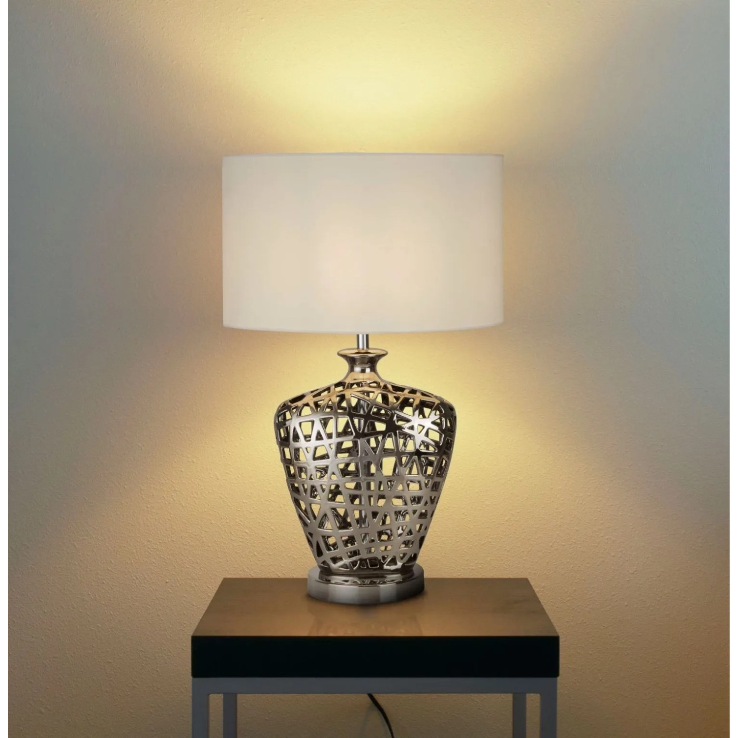 Licht-Erlebnisse Tischlampe Keramik Stoff 57 cm Hoch Chrom Weiß E27_4