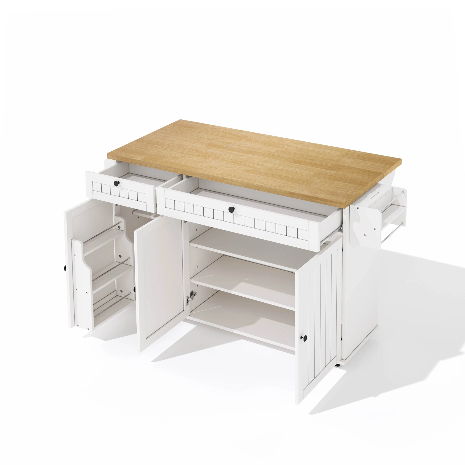 okwish Kücheninsel mit Klappbarer Arbeitsplatte 6 Rollen Schubladen 137x89.5x45cm Weiß