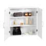 Weißer Vasagle Wandschrank (60x60x18cm) mit offenen Türen und drei Regalfächern, gefüllt mit Badutensilien.