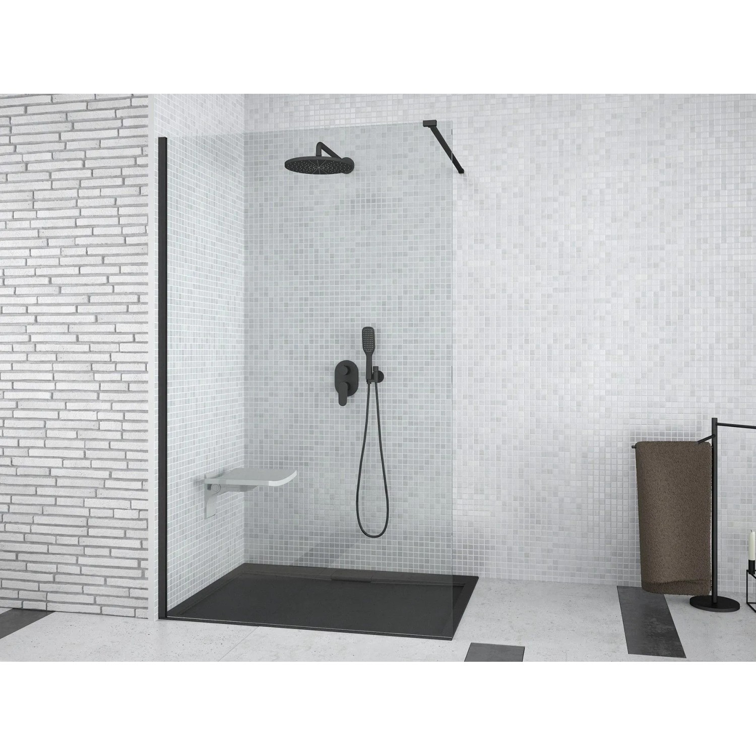 KOLMAN Walk-in-Duschwand BLACK 130 x 195 cm 8 mm Transparentglas Schwarz