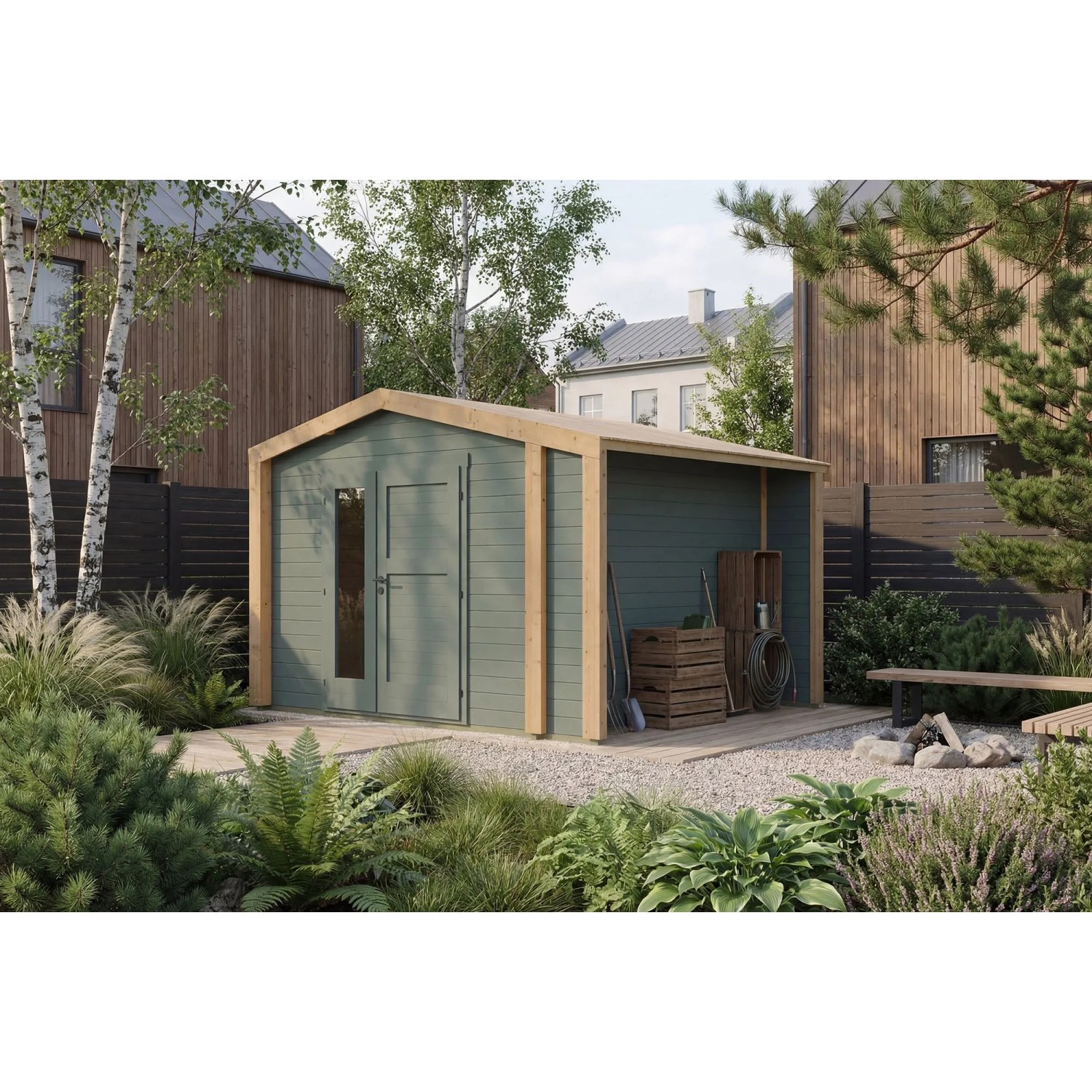 Weka Holz-Gartenhaus Killarney Satteldach Grau-Grün Lasiert 361 cm x 313 cm
