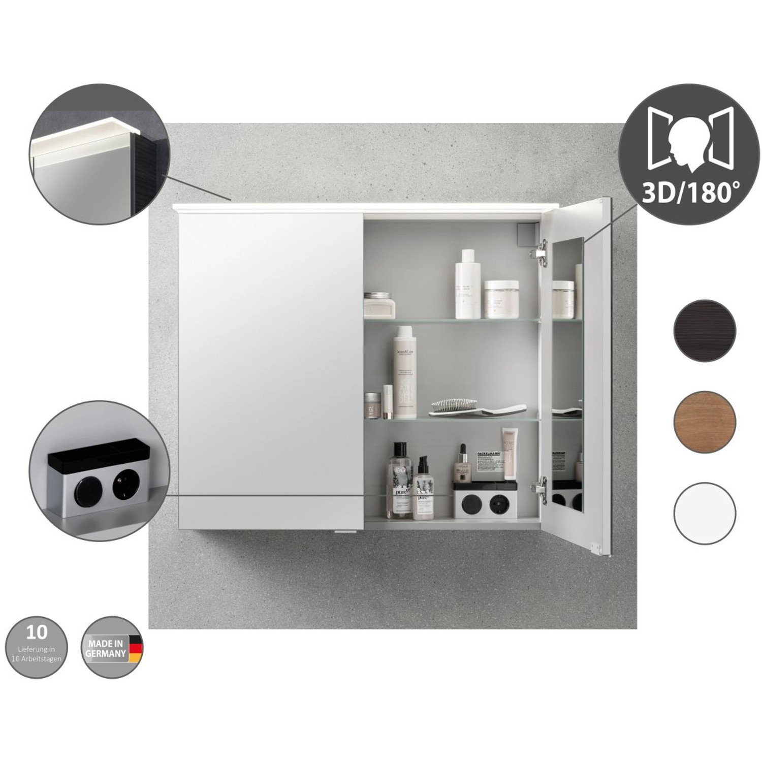 Fackelmann Spiegelschrank B.Perfekt, 80 cm, Weiß, mit geöffneter Tür und Innenleben.