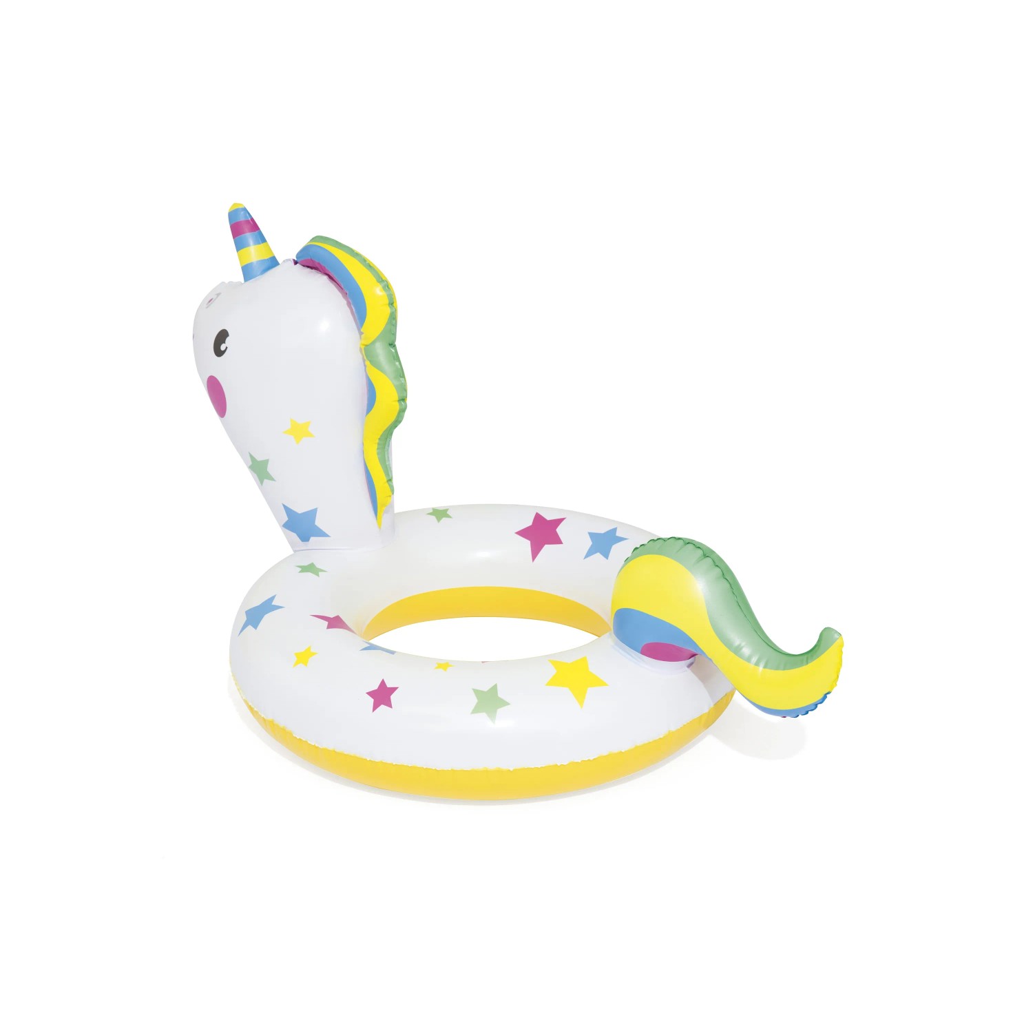 Bestway Schwimmring im Tierdesign, hier als Einhorn, mit bunten Sternen und gelbem Rand.