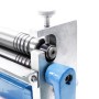 Nahaufnahme der Wiltec Drei-Walzen-Rundbiegemaschine. Zeigt die drei Metallwalzen und den blauen Einstellhebel.