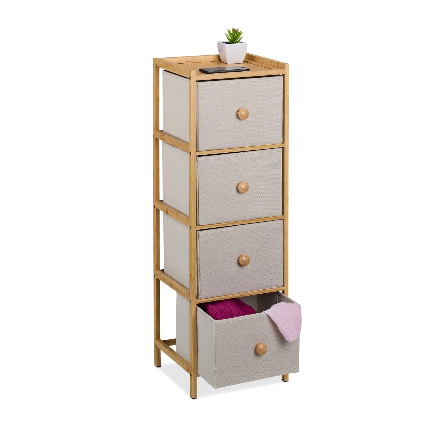 Relaxdays Kommode Bambus Beige mit 4 Schubladen 94 cm x 31 cm x 30 cm 4,5 kg