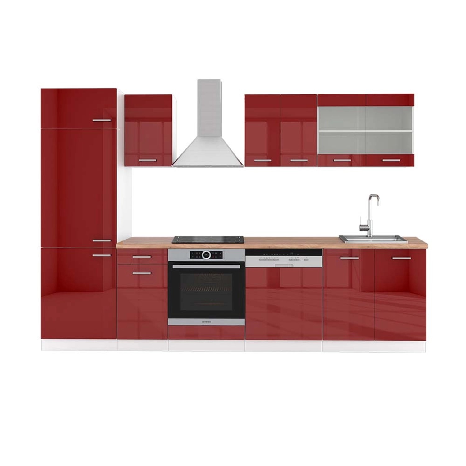 Vicco R-Line Küchenzeile Bordeaux Hochglanz/Weiß 300 cm AP Eiche günstig online kaufen
