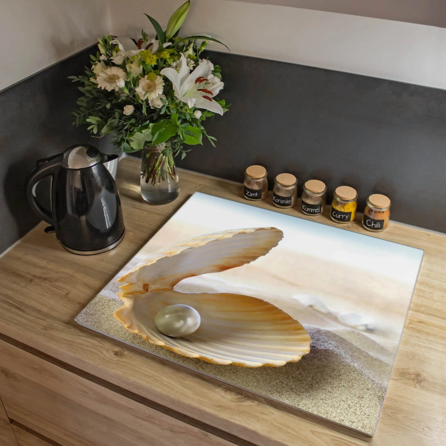 Banjado Herdabdeckplatte Glas mit Perlenmuschel Motiv, auch als Schneidebrett nutzbar.