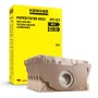 Fünf braune Kärcher Papierfilterbeutel für Staubsauger, vor gelber Kärcher Verpackung.