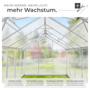 Tectake Gewächshaus mit Fundament, Aluminiumrahmen, transparent. Innenansicht mit Dachfenstern.
