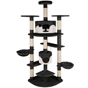 Tectake Kratzbaum Fippi, 201 cm hoch, schwarz-weiß, mit Liegemulden und Katzenhäusern.