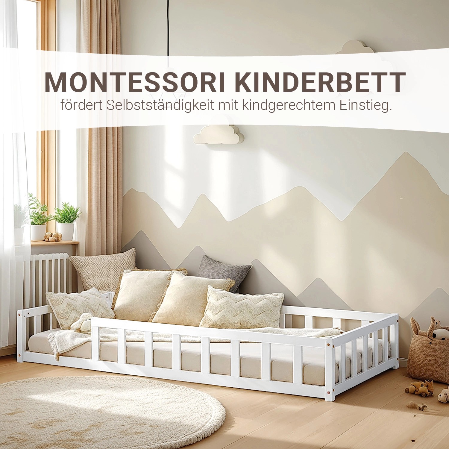 Weißes Homestyle4u Kinderbett 90x200 mit Rausfallschutz, Lattenrost und Matratze.
