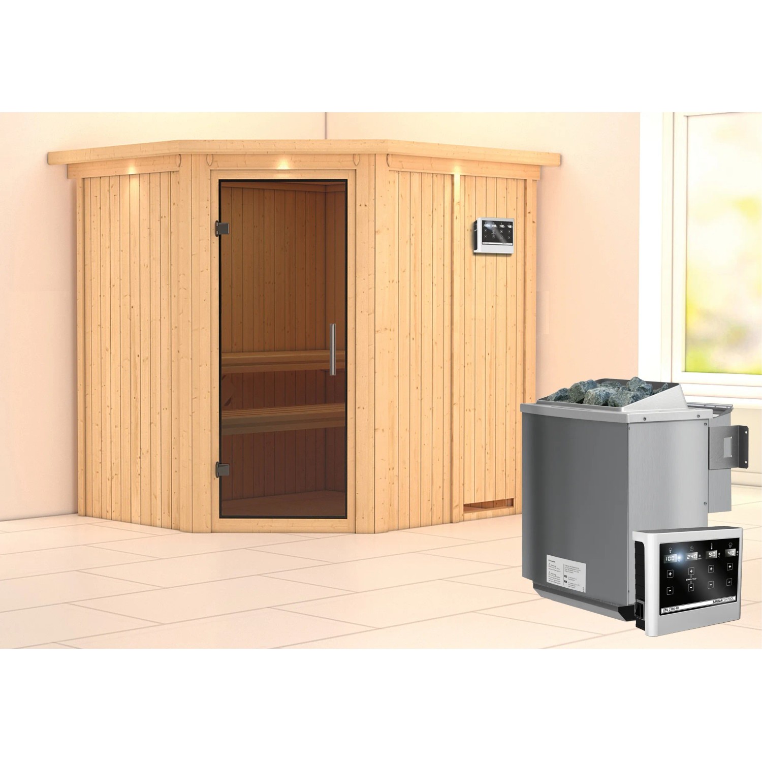 Karibu Sauna Swenna mit Bio-Ofen, externer Steuerung, Dachkranz und Graphit-Tür.