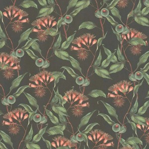 Ausgefallene Vliestapete mit Blumenmuster in Schwarz, Grün und Rot für Wohnzimmer und Küche.