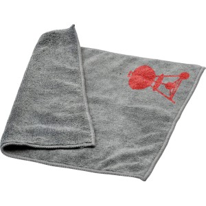 Graues Weber Mikrofasertuch mit rotem Grill-Motiv, ideal für die Grillreinigung.