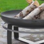 Schwarze CookKing Feuerschale Viking Ø 60 cm mit Holzscheiten auf gekreuztem Stahlfuß.