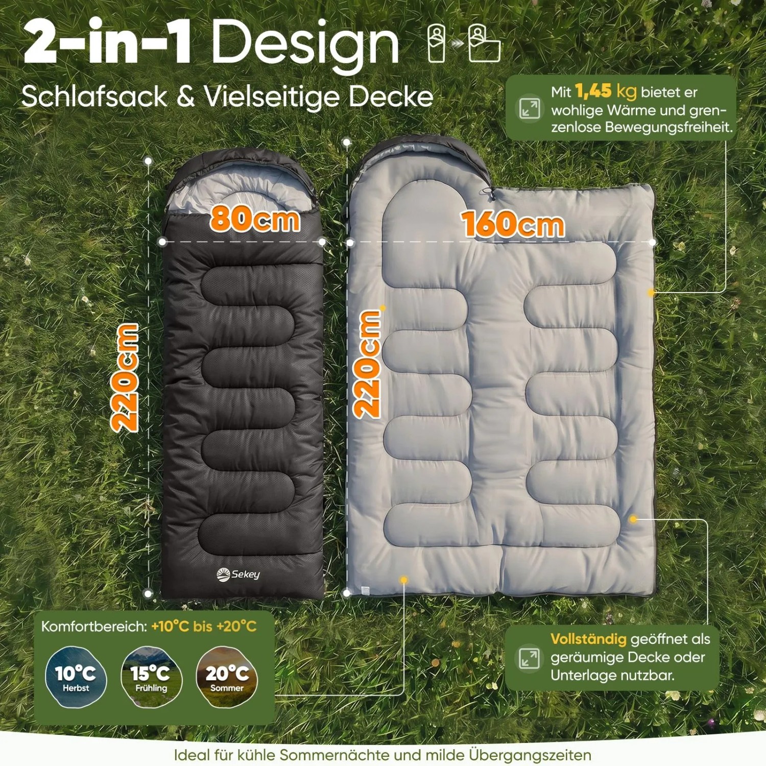 Sekey Deckenschlafsack, anthrazit, 220x80cm, als Decke nutzbar. Ideal für Camping & Outdoor.
