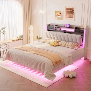 okwish Polsterbett 140×200 Kinderbett mit LED-Beleuchtung und USB-Steckdose ohne Matratze