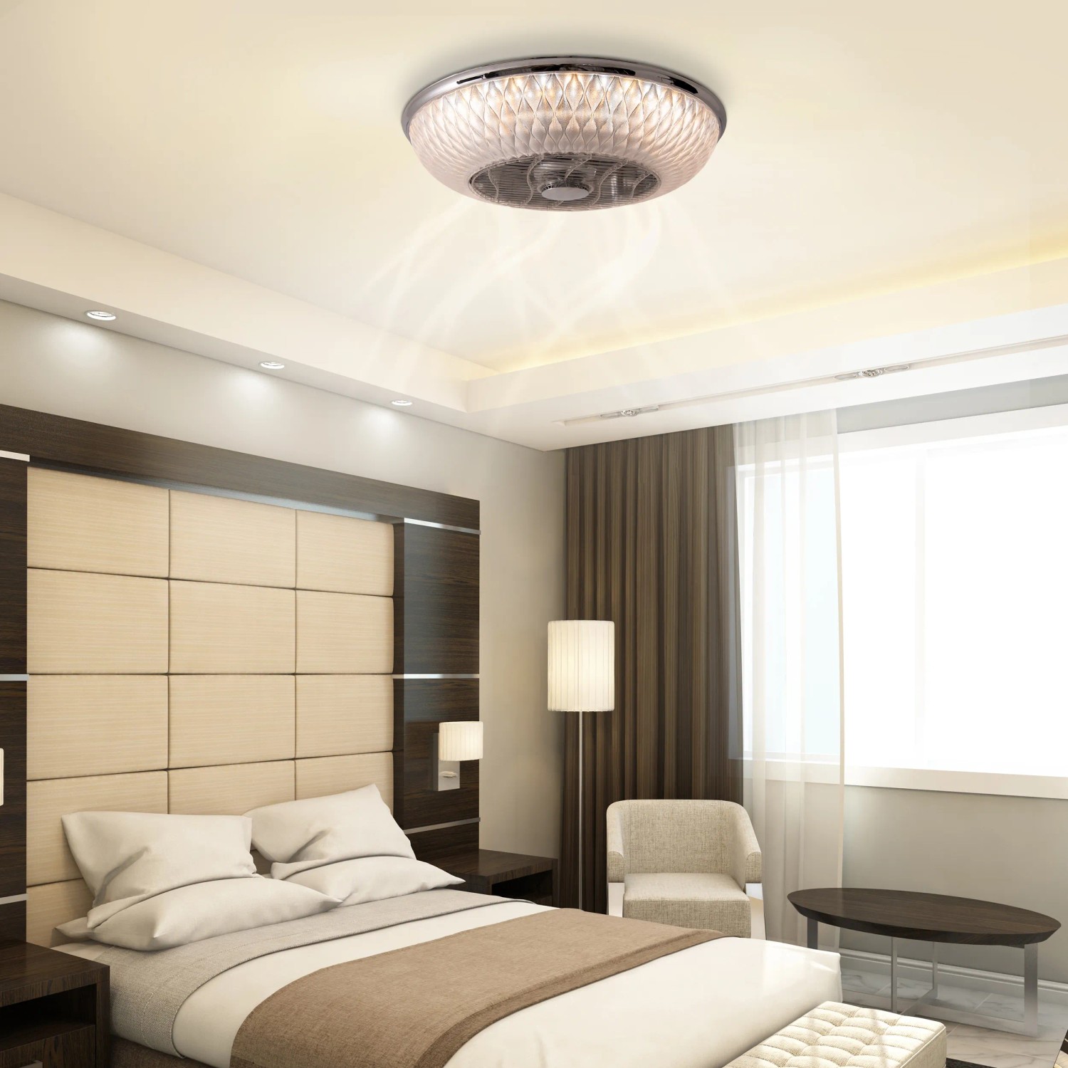 LED-Deckenleuchte Viento mit Ventilator in modernem Schlafzimmer, Deckenleuchte
