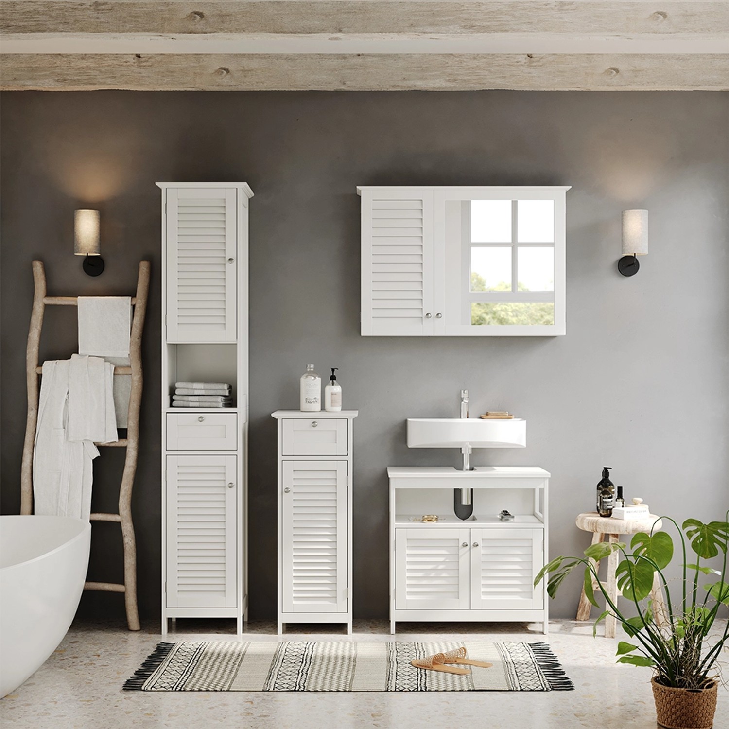 Vicco Badmöbel-Set Riad Weiß, 4-teilig: Waschbecken, Unterschrank, Spiegel, Schrank. Elegantes Badmöbel Set.
