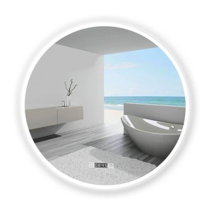Runder Badspiegel mit LED-Beleuchtung, Uhr und Touch-Funktion im modernen Badezimmer.