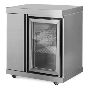 MyOutdoorKitchen Modul mit Kühlschrank und Aufbewahrungsschrank aus Edelstahl.