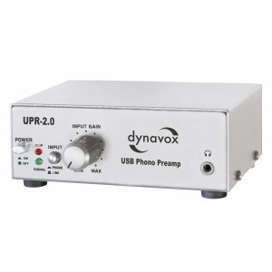 Dynavox UPR-2.0 USB Phono-Vorverstärker in Silber für Schallplattenwiedergabe.