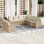 Beige 9-tlg. Garten-Sofagarnitur aus Poly Rattan mit cremeweißen Kissen auf Terrasse.