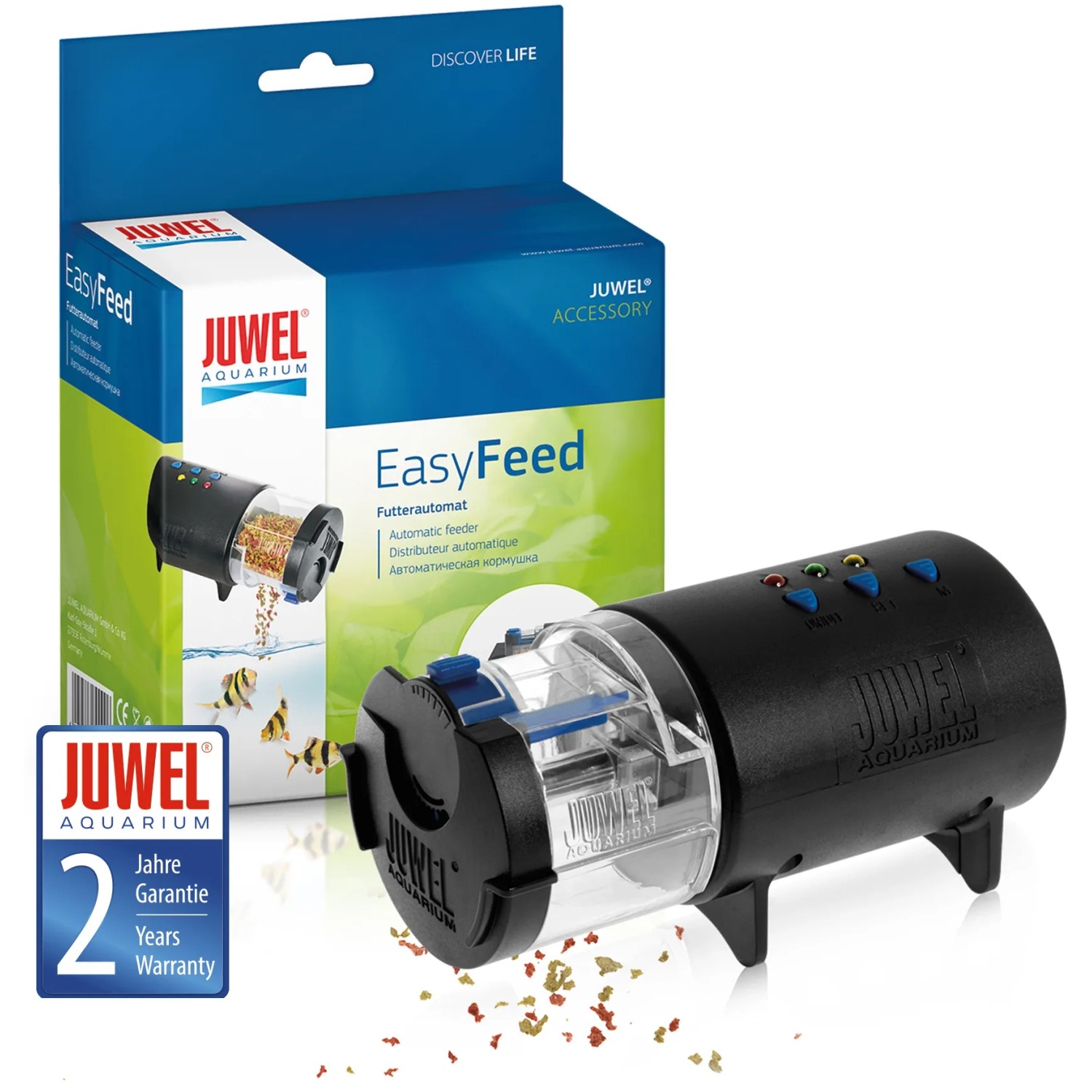 Juwel Easy Feed Futterautomat für Aquarien, mit Verpackung.