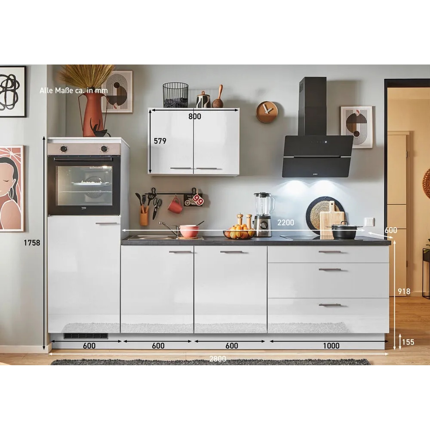 Moderne pino Küchenzeile, 280 cm, Lichtgrau Hochglanz, mit Geräten und Spüle. Inklusive E-Geräte.