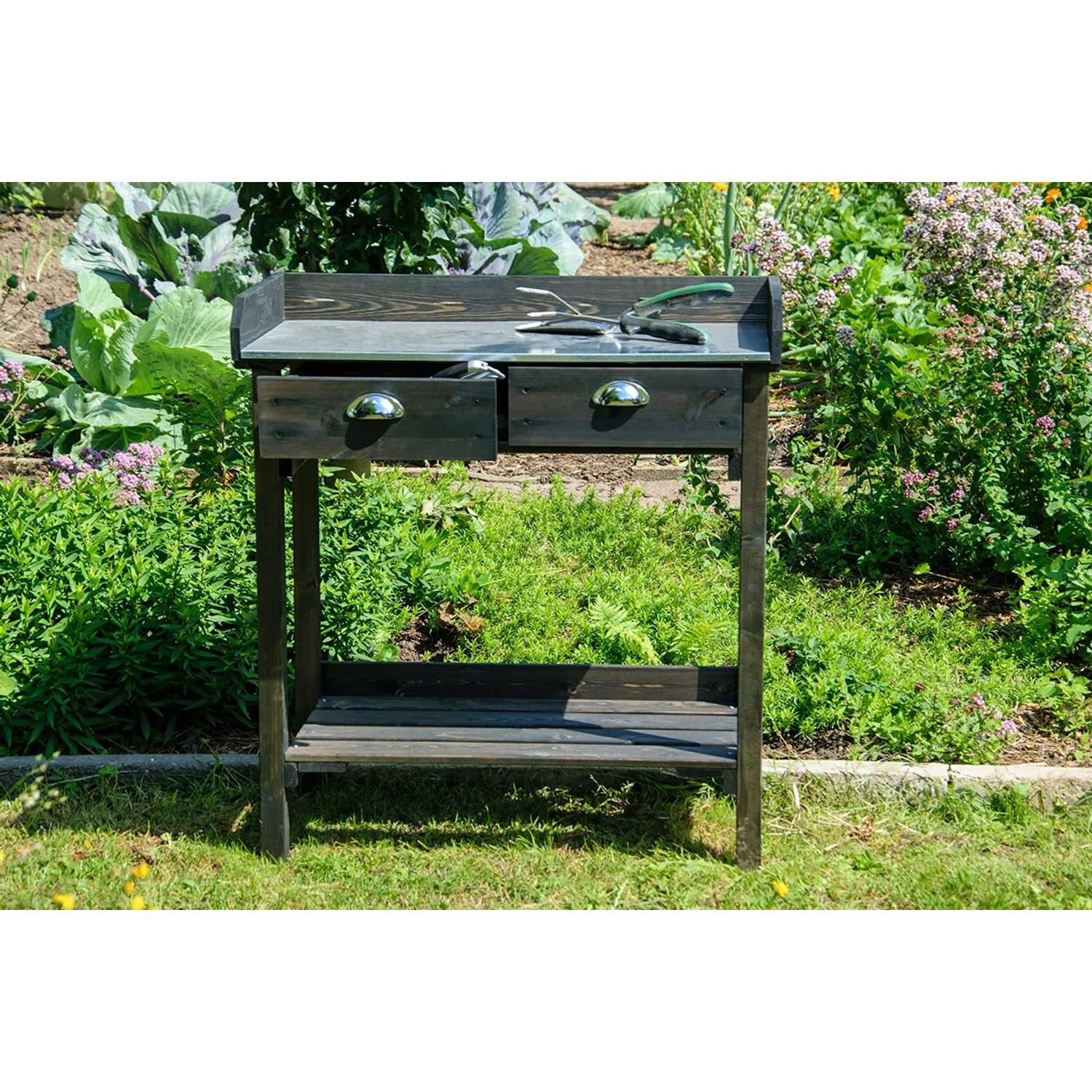Schwarzer Dobar Pflanztisch mit 2 Schubladen und Ablage für Gartenarbeit, 90x79x39 cm.