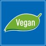 Vegan-Logo für Poliboy BIO Glas & Flächen Reiniger, grünes Blatt auf blauem Grund.