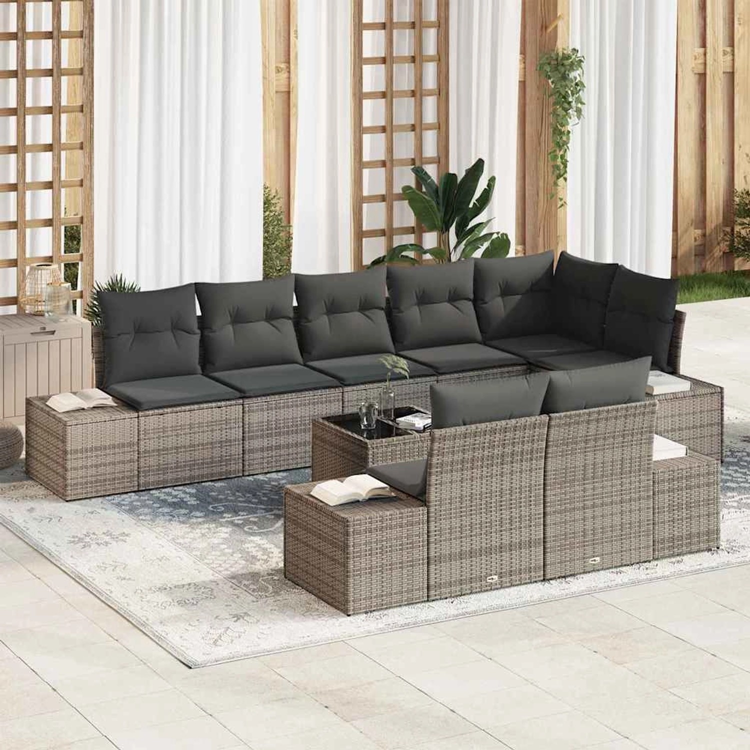 Graues 9-teiliges vidaXL Garten-Sofa-Set aus Poly Rattan mit Kissen.