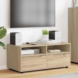 Moderner vidaXL TV-Schrank Sonoma-Eiche mit zwei Schubladen und offenen Fächern für Wohnzimmer. Holzwerkstoff, 100 cm breit.