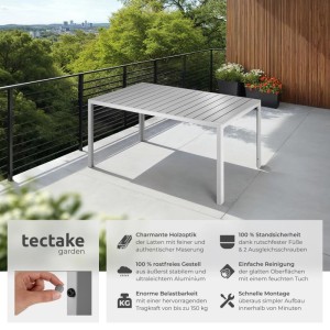 Tectake Gartentisch Bianca Aus Aluminium und Kunststoff Oberfläche In Holzoptik  150 x 90 x 74 50 cm Silber Grau