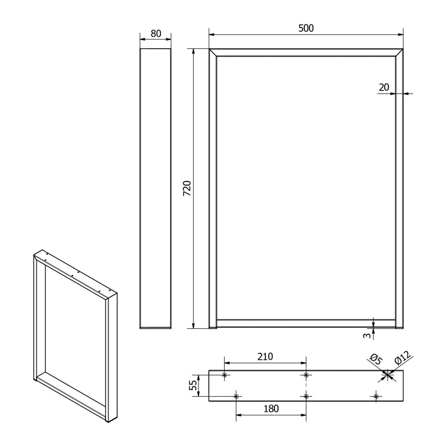 Techn. Zeichnung SOTECH Tischgestell 720x500mm, Stahl schwarz, Profil 80x20mm. Maße und Montagebohrungen detailliert.