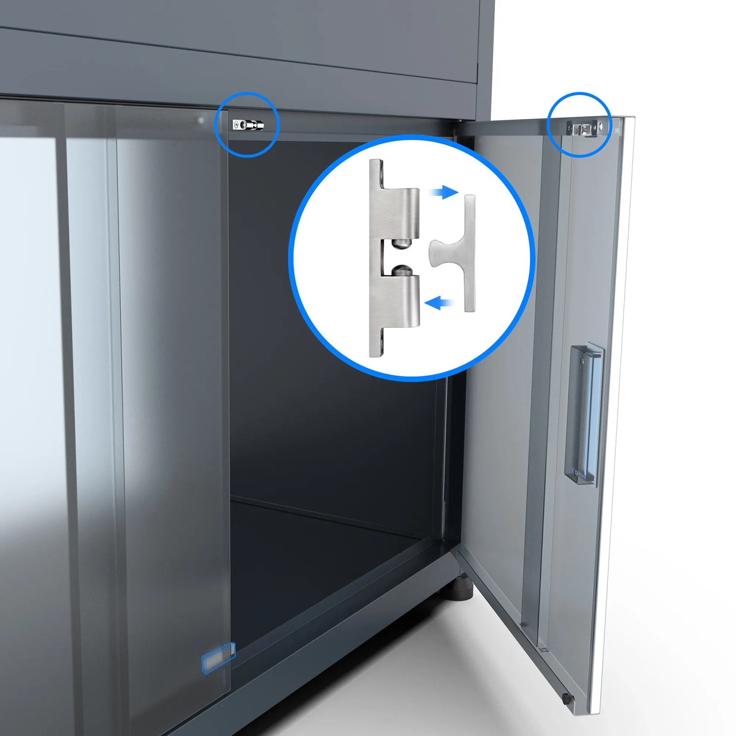Detailaufnahme: Türscharnier des Westmann Metall-Hochbeets Plexa mit Stauraum.
