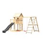 Karibu Spielhaus Frieda mit Rutsche, Schaukel, Kletterwand und Gerüst aus Holz.