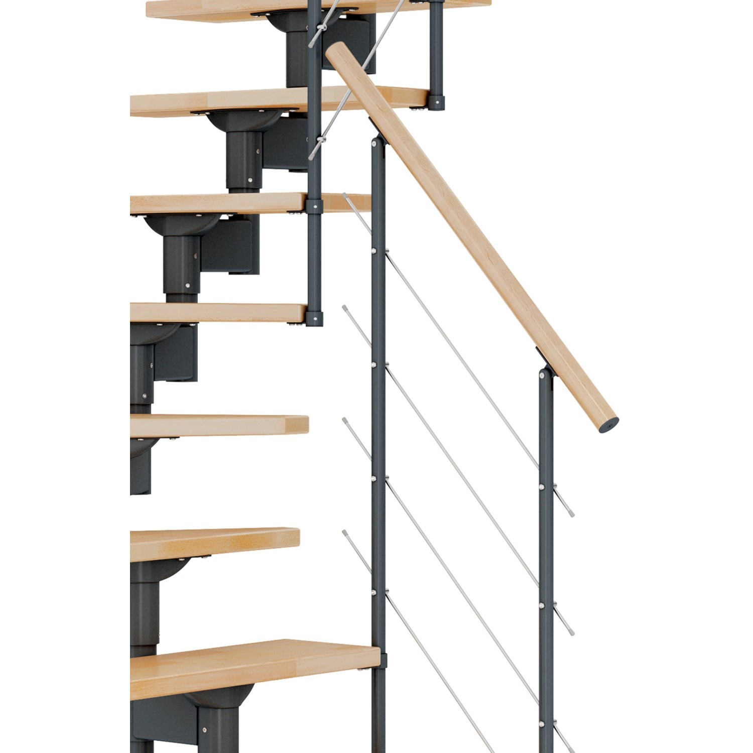 Dolle Mittelholmtreppe Boston mit Buchenstufen und anthrazitfarbenem Metallgeländer.