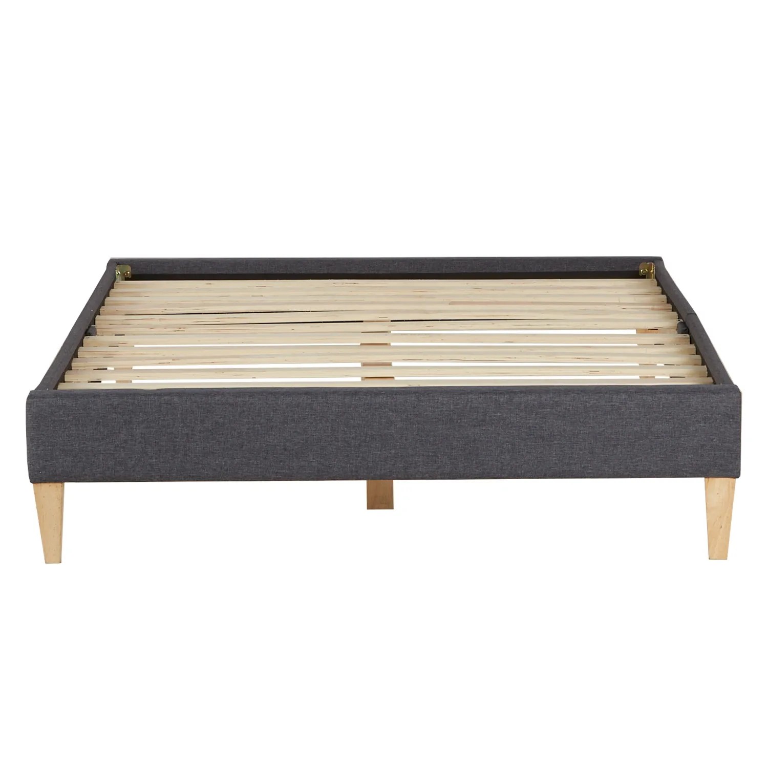 Graues Polsterbett 140x200 cm mit Lattenrost. Bett im Futonstil ohne Kopfteil.