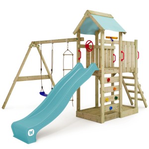 Wickey Spielturm MultiFlyer mit Rutsche in Pastellblau, Schaukel, Kletterwand und Sandkasten.