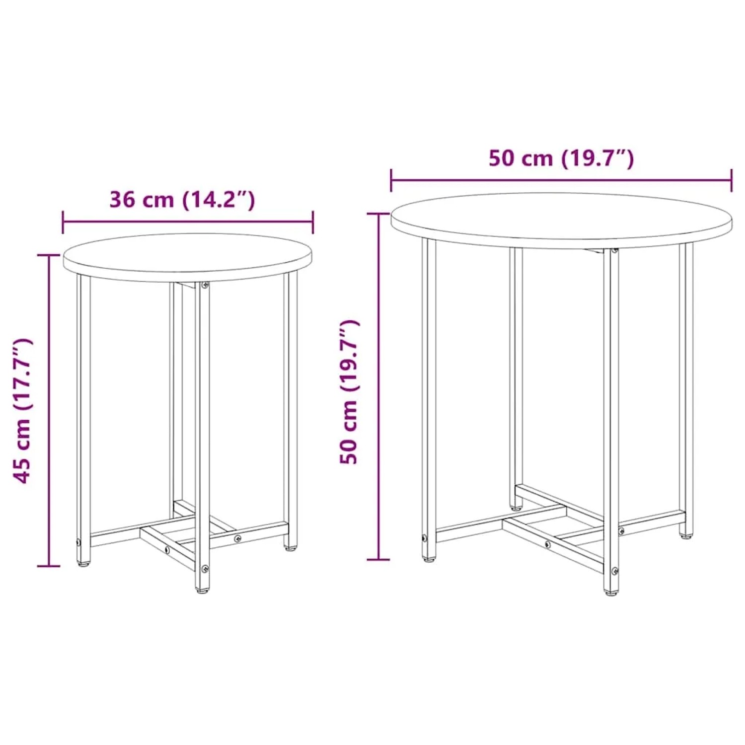 Maßzeichnung des vidaXL Beistelltisch-Sets: zwei runde Tische mit Metallbeinen, Maße 36x45 cm und 50x50 cm.