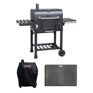 Taino Hero XL Holzkohlegrill Set: Dunkelgrauer Grillwagen mit Smoker, Rädern, Temperaturanzeige, Abdeckhaube & Grillplatte.