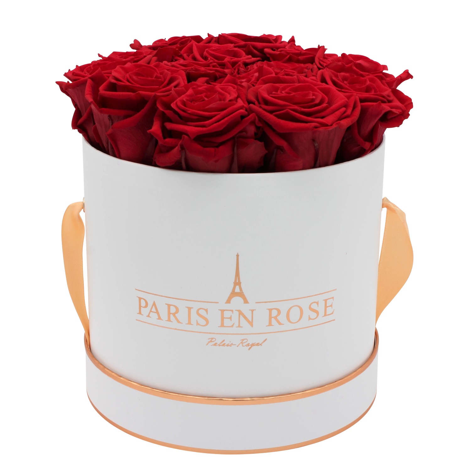 Rosenbox Ø 19 cm Weiß-Roségold mit 14 Bordeaux Rosen