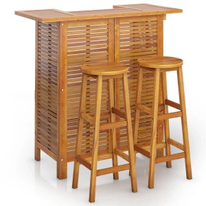 3-teiliges Gartenbar-Set aus Akazienholz: Bartisch mit zwei Hockern für Garten oder Terrasse.