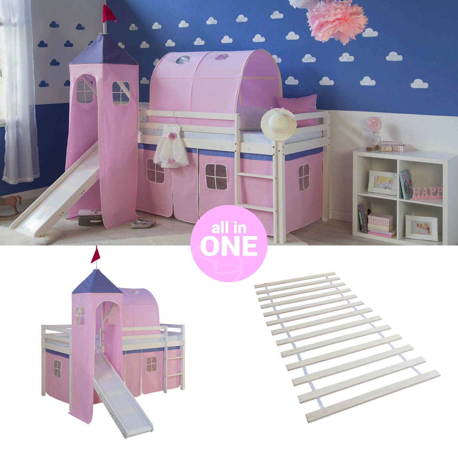 Homestyle4u Hochbett 90x200 mit Vorhang Lattenrost Rutsche Tunnel und Turm günstig online kaufen