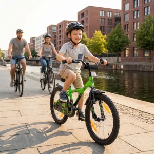 Grünes PROMETHEUS Kinderfahrrad 18 Zoll mit Stützrädern für Kinder ab 5 Jahren.
